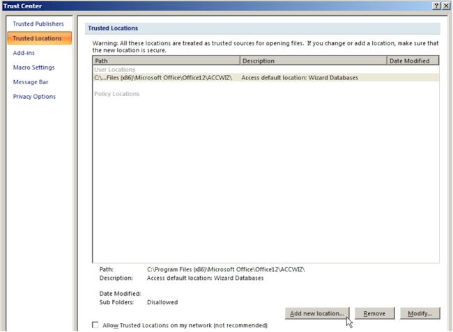 ms access runtime 2016 trusted locations registry